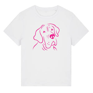 Magenta outline illustration of the head of a Great Dane on the front of a white ladies t-shirt