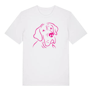 Magenta outline illustration of the head of a Great Dane on the front of a white unisex t-shirt