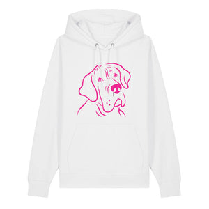 Magenta outline illustration of the head of a Great Dane on the front of a white unisex Hoodie