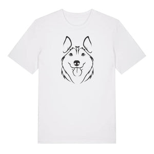 Black outline illustration of the head of a Husky on the front of a white unisex t-shirt