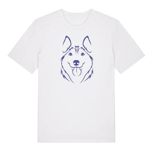Blue outline illustration of the head of a Husky on the front of a white unisex t-shirt