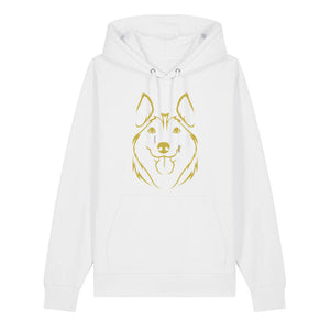Gold outline illustration of the head of a Husky on the front of a white unisex Hoodie