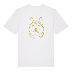 Gold outline illustration of the head of a Husky on the front of a white unisex t-shirt