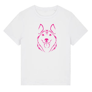 Magenta outline illustration of the head of a Husky on the front of a white ladies t-shirt