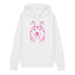 Magenta outline illustration of the head of a Husky on the front of a white unisex Hoodie