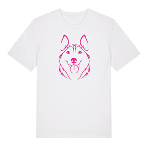Magenta outline illustration of the head of a Husky on the front of a white unisex t-shirt