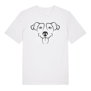 Black outline illustration of the head of a Jack Russell on the front of a white unisex t-shirt