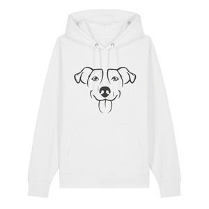 Black outline illustration of the head of a Jack Russell on the front of a white unisex Hoodie