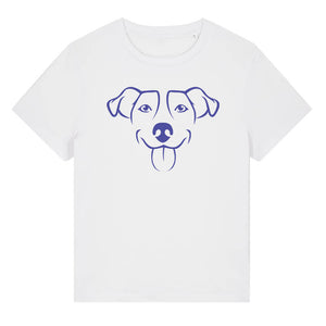 Blue outline illustration of the head of a Jack Russell on the front of a white ladies t-shirt