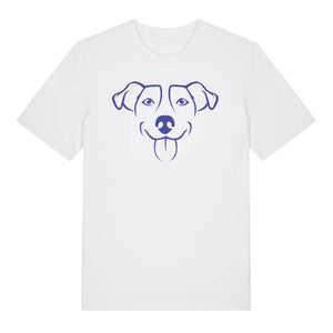 Blue outline illustration of the head of a Jack Russell on the front of a white unisex t-shirt