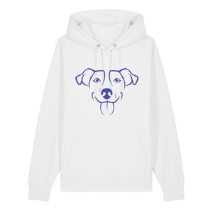 Blue outline illustration of the head of a Jack Russell on the front of a white unisex Hoodie