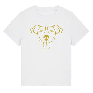 Gold outline illustration of the head of a Jack Russell on the front of a white ladies t-shirt