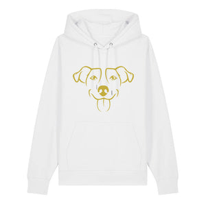Gold outline illustration of the head of a Jack Russell on the front of a white unisex Hoodie