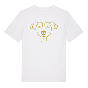 Gold outline illustration of the head of a Jack Russell on the front of a white unisex t-shirt