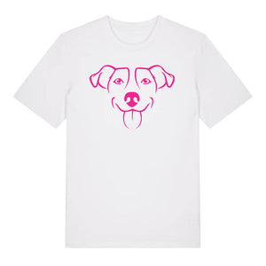Magenta outline illustration of the head of a Jack Russell on the front of a white unisex t-shirt