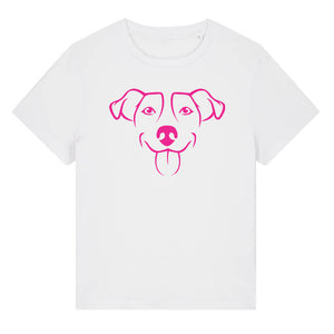 Magenta outline illustration of the head of a Jack Russell on the front of a white ladies t-shirt