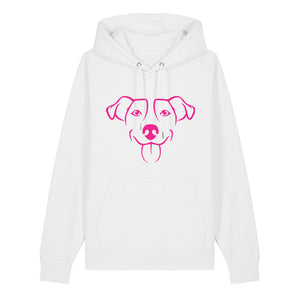 Magenta outline illustration of the head of a Jack Russell on the front of a white unisex Hoodie