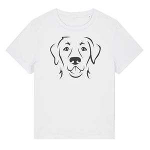 Black outline illustration of the head of a Labrador Retriever on the front of a white ladies t-shirt