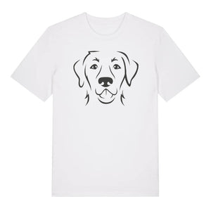 Black outline illustration of the head of a Labrador Retriever on the front of a white unisex t-shirt