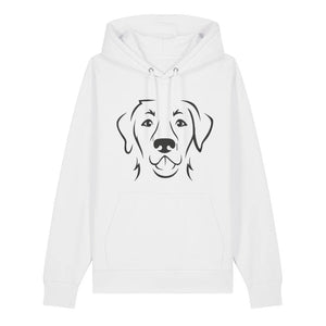 Black outline illustration of the head of a Labrador Retriever on the front of a white unisex Hoodie