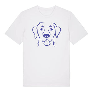 Blue outline illustration of the head of a Labrador Retriever on the front of a white unisex t-shirt