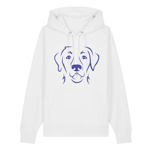 Blue outline illustration of the head of a Labrador Retriever on the front of a white unisex Hoodie