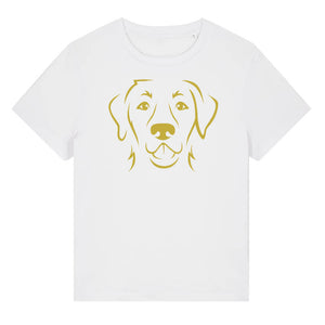 Gold outline illustration of the head of a Labrador Retriever on the front of a white ladies t-shirt
