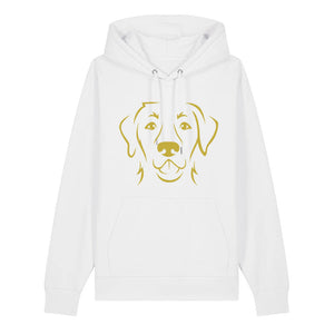 Gold outline illustration of the head of a Labrador Retriever on the front of a white unisex Hoodie