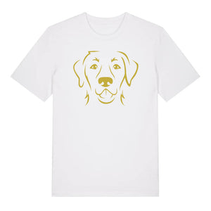 Gold outline illustration of the head of a Labrador Retriever on the front of a white unisex t-shirt