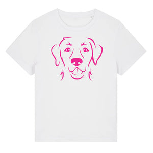 Magenta outline illustration of the head of a Labrador Retriever on the front of a white ladies t-shirt