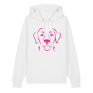 Magenta outline illustration of the head of a Labrador Retriever on the front of a white unisex Hoodie