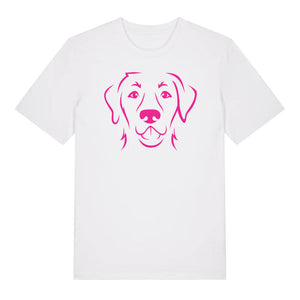 Magenta outline illustration of the head of a Labrador Retriever on the front of a white unisex t-shirt