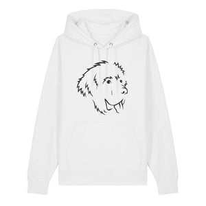 Black outline illustration of the head of a Newfoundland on the front of a white unisex Hoodie