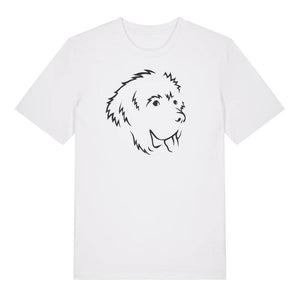 Black outline illustration of the head of a Newfoundland on the front of a white unisex t-shirt