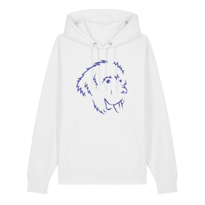 Blue outline illustration of the head of a Newfoundland on the front of a white unisex Hoodie