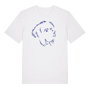 Blue outline illustration of the head of a Newfoundland on the front of a white unisex t-shirt