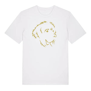 Gold outline illustration of the head of a Newfoundland on the front of a white unisex t-shirt
