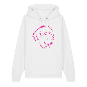 Magenta outline illustration of the head of a Newfoundland on the front of a white unisex Hoodie