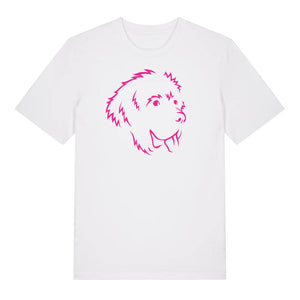Magenta outline illustration of the head of a Newfoundland on the front of a white unisex t-shirt