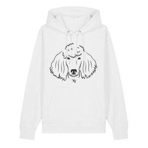 Black outline illustration of the head of a Poodle on the front of a white unisex Hoodie