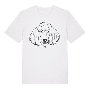 Black outline illustration of the head of a Poodle on the front of a white unisex t-shirt