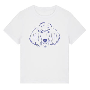 Blue outline illustration of the head of a Poodle on the front of a white ladies t-shirt
