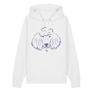 Blue outline illustration of the head of a Poodle on the front of a cotton pink unisex Hoodie