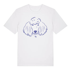 Blue outline illustration of the head of a Poodle on the front of a white unisex t-shirt
