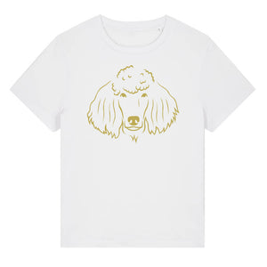 Gold outline illustration of the head of a Poodle on the front of a white ladies t-shirt