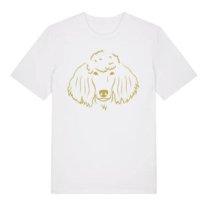 Gold outline illustration of the head of a Poodle on the front of a white unisex t-shirt