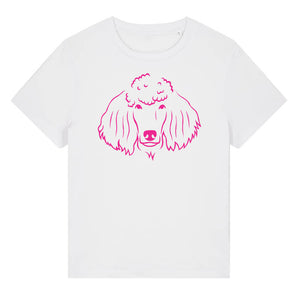 Magenta outline illustration of the head of a Poodle on the front of a white ladies t-shirt