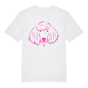 Magenta outline illustration of the head of a Poodle on the front of a white unisex t-shirt