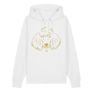 Gold outline illustration of the head of a Poodle on the front of a cotton pink unisex Hoodie
