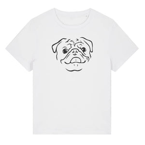 Black outline illustration of the head of a Pug on the front of a white ladies t-shirt